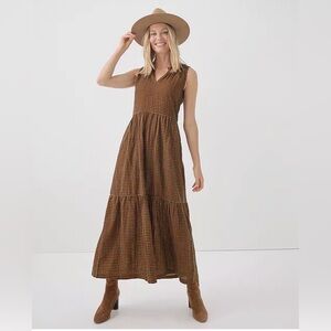 Pact Women's Harvest Gingham Coastal Double Gauze Ruffle Maxi Dress